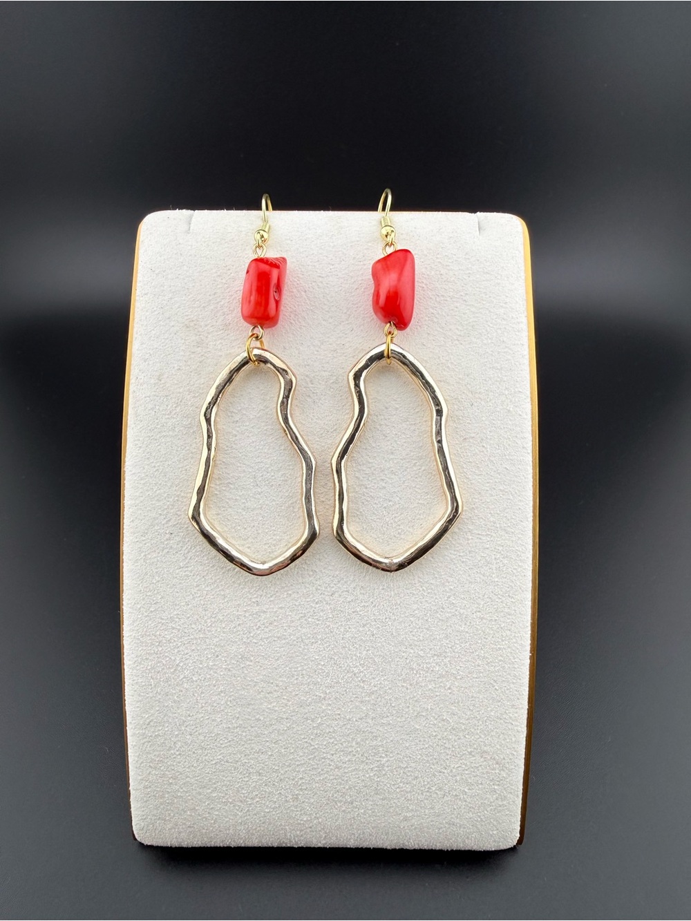 Gold Open Geometric Drop Earrings with Red Coral beads